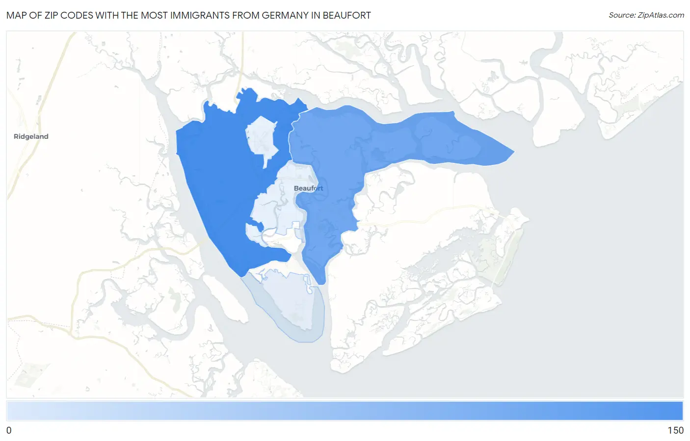 Zip Codes with the Most Immigrants from Germany in Beaufort Map