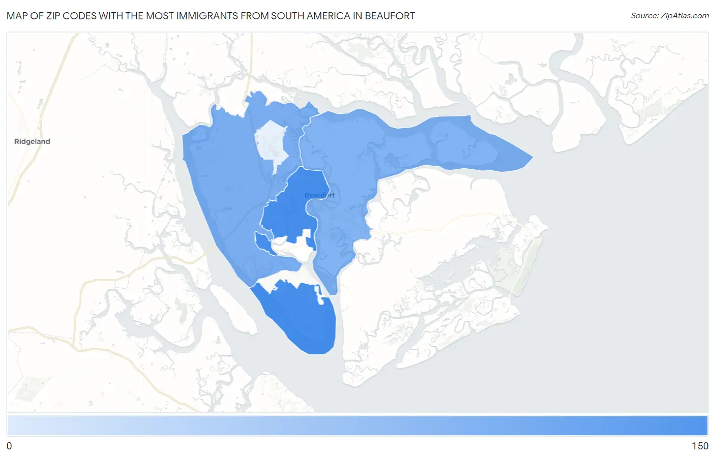 Zip Codes with the Most Immigrants from South America in Beaufort Map