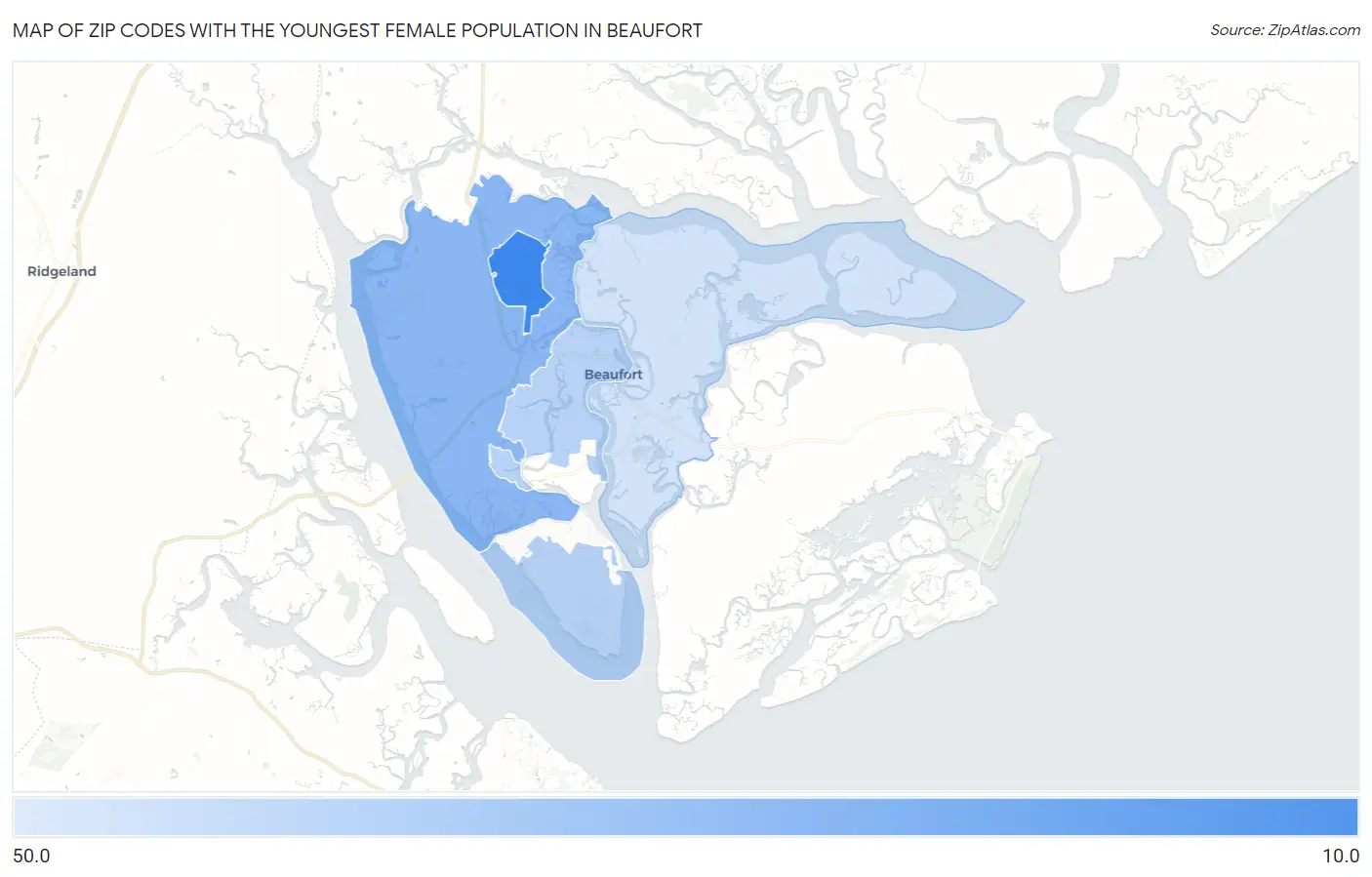Zip Codes with the Youngest Female Population in Beaufort Map
