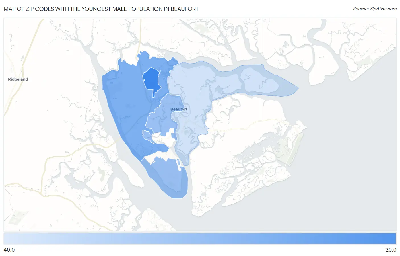 Zip Codes with the Youngest Male Population in Beaufort Map