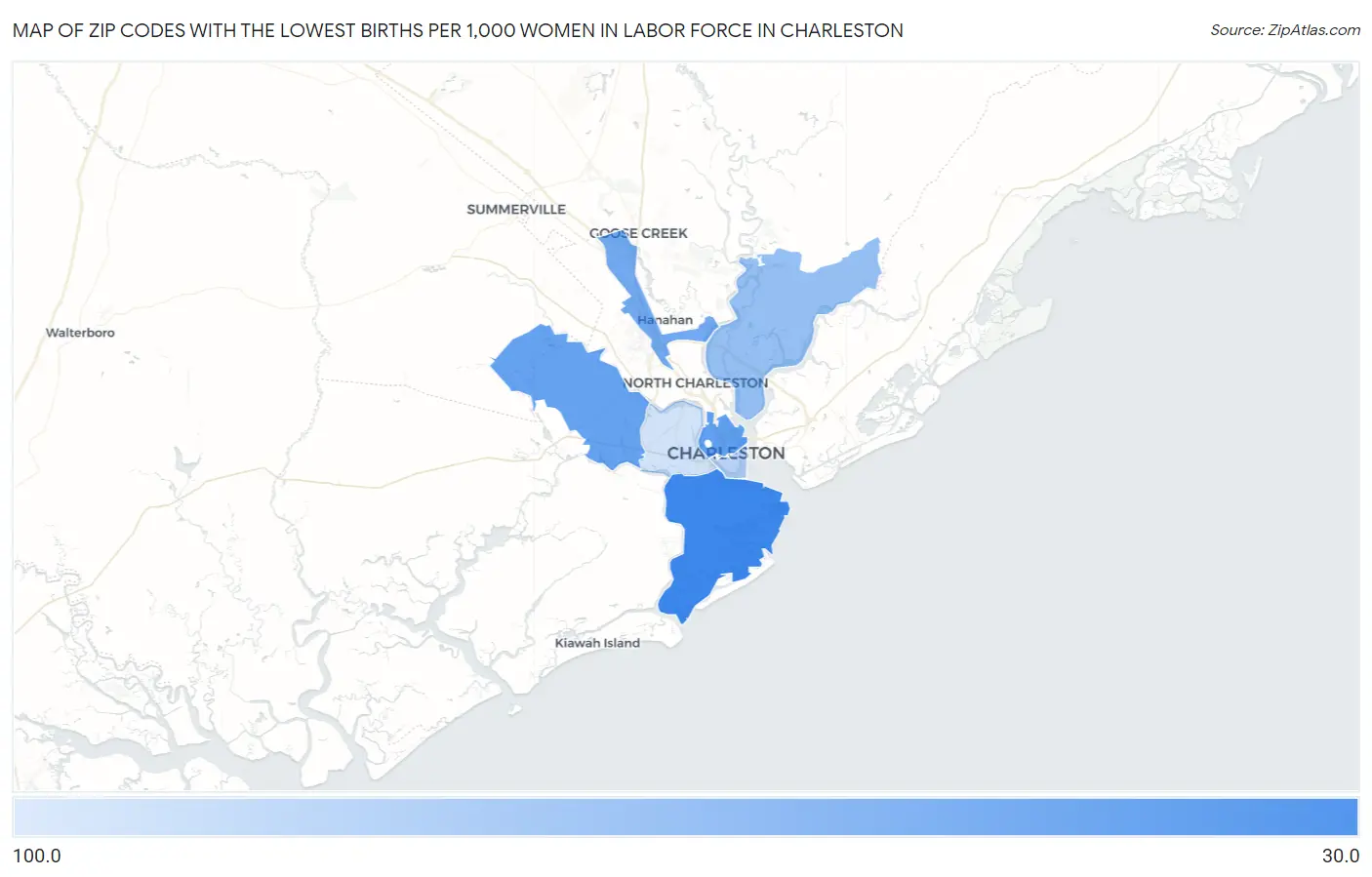 Zip Codes with the Lowest Births per 1,000 Women in Labor Force in Charleston Map