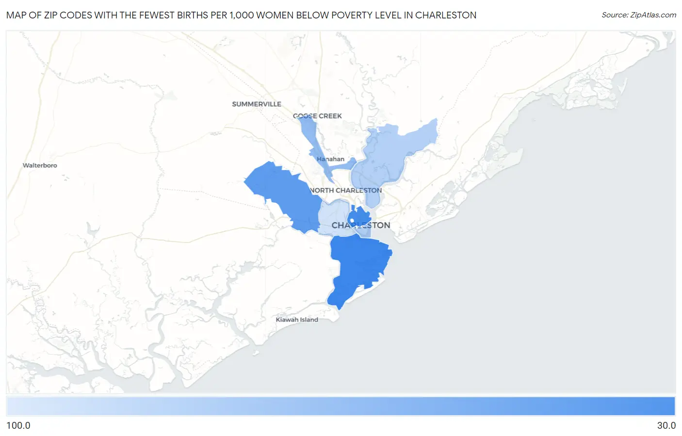 Zip Codes with the Fewest Births per 1,000 Women Below Poverty Level in Charleston Map