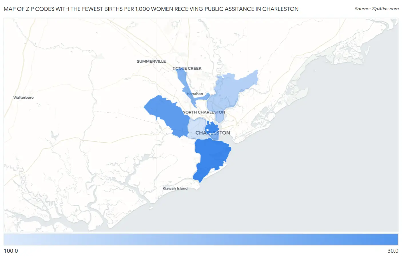 Zip Codes with the Fewest Births per 1,000 Women Receiving Public Assitance in Charleston Map