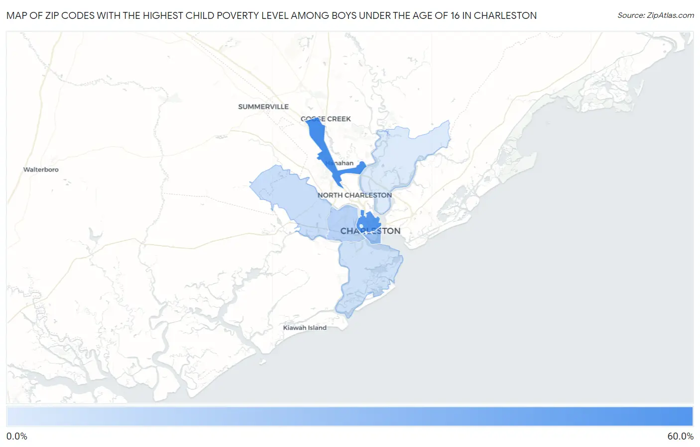 Zip Codes with the Highest Child Poverty Level Among Boys Under the Age of 16 in Charleston Map