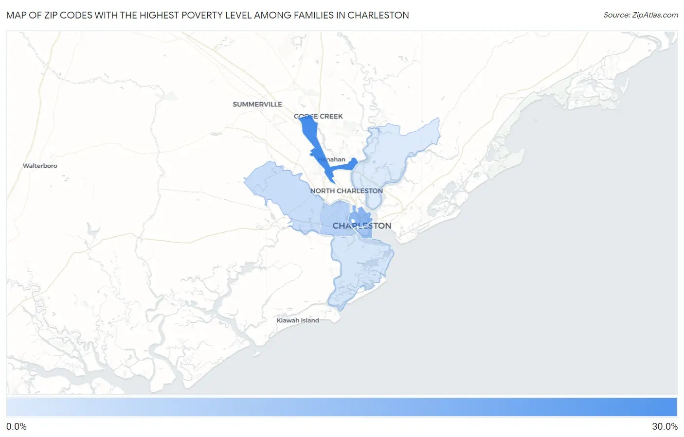 Zip Codes with the Highest Poverty Level Among Families in Charleston Map