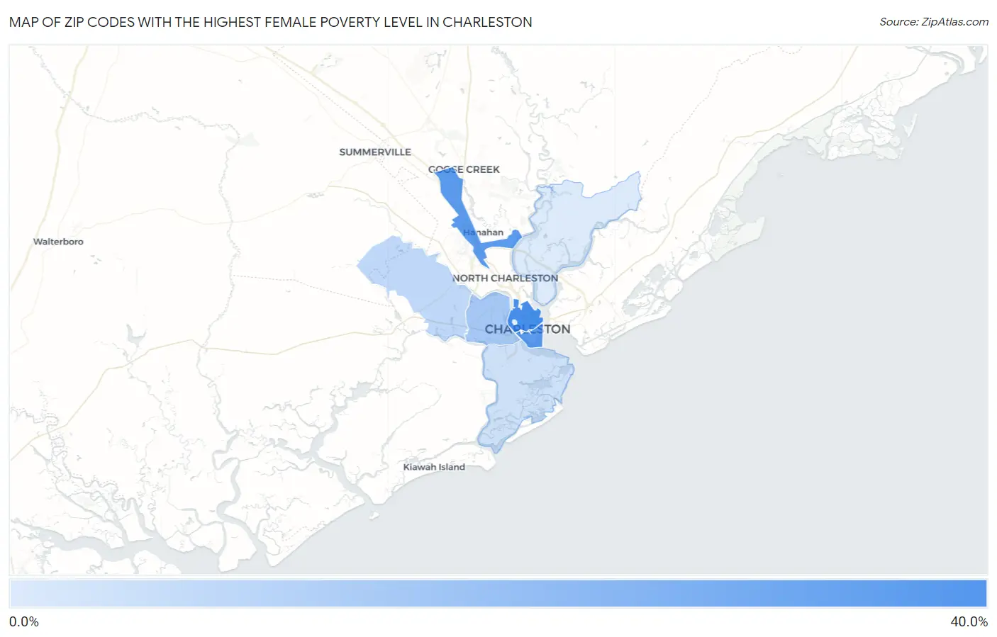 Zip Codes with the Highest Female Poverty Level in Charleston Map
