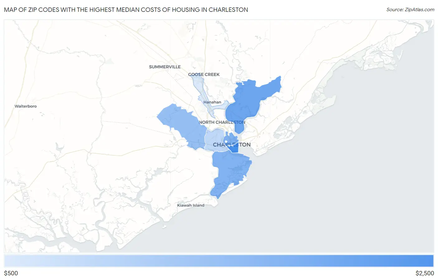 Zip Codes with the Highest Median Costs of Housing in Charleston Map