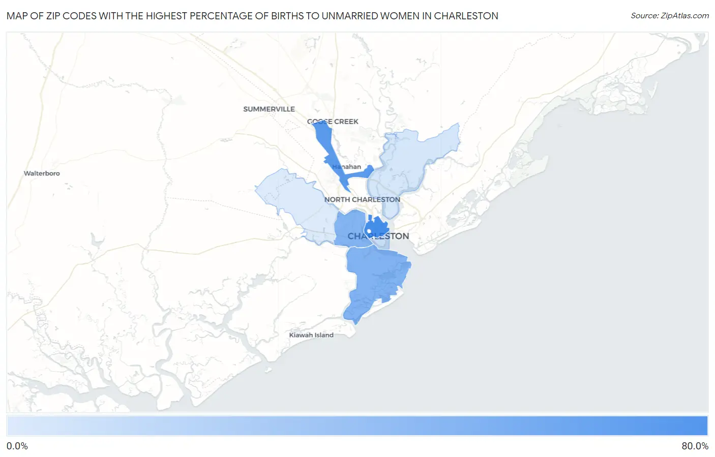 Zip Codes with the Highest Percentage of Births to Unmarried Women in Charleston Map