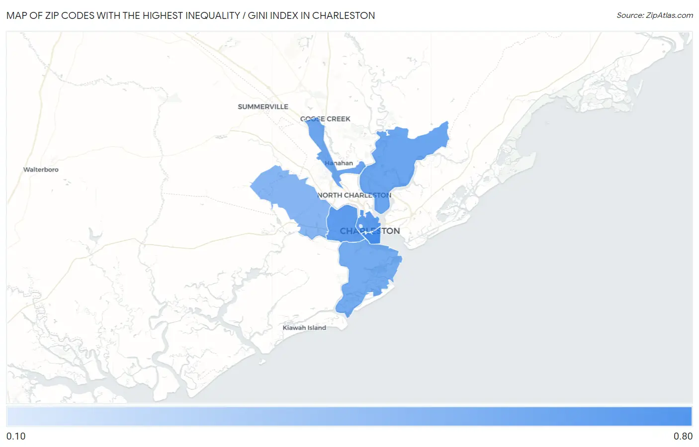Zip Codes with the Highest Inequality / Gini Index in Charleston Map