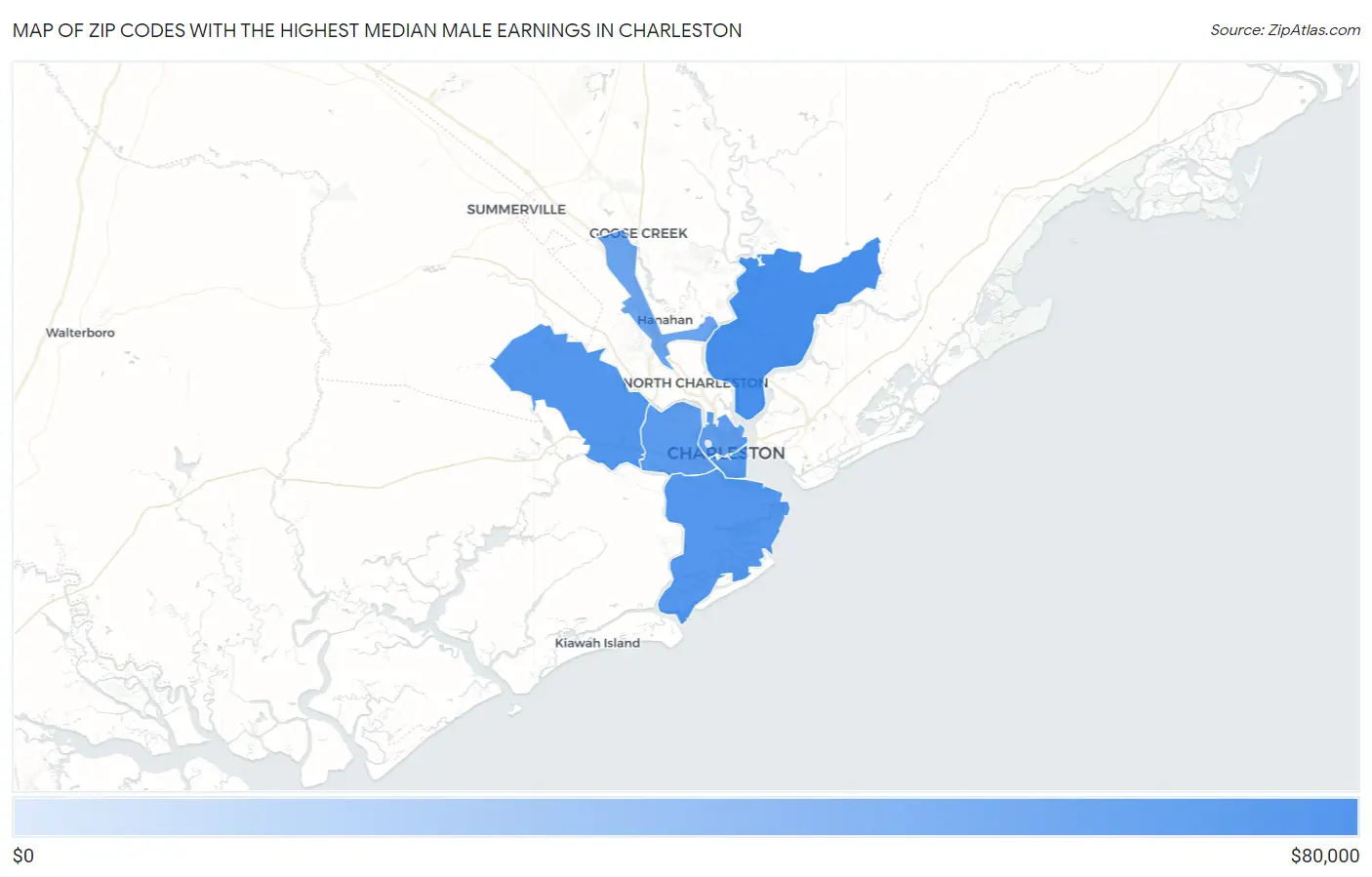 Zip Codes with the Highest Median Male Earnings in Charleston Map