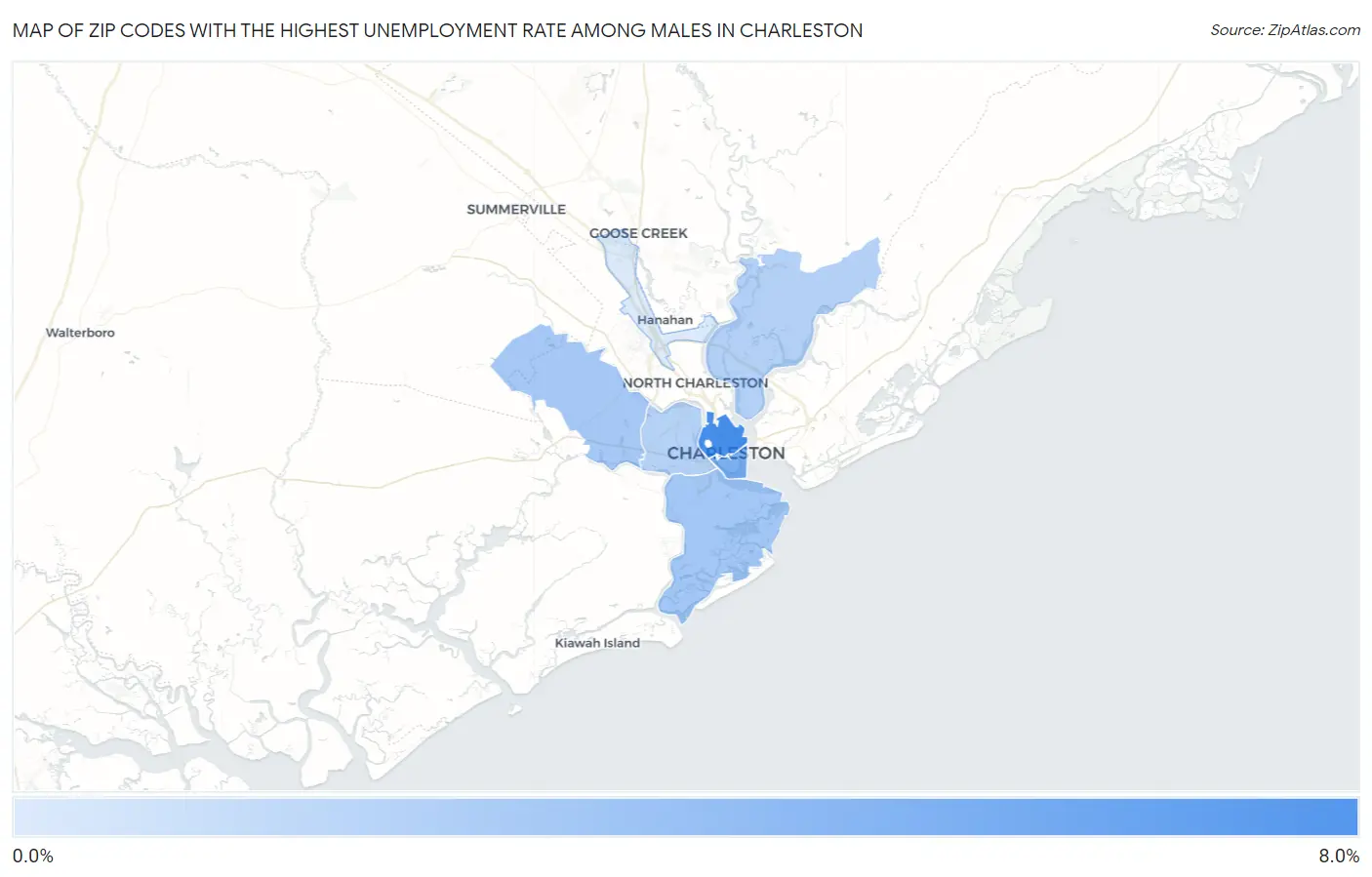 Zip Codes with the Highest Unemployment Rate Among Males in Charleston Map