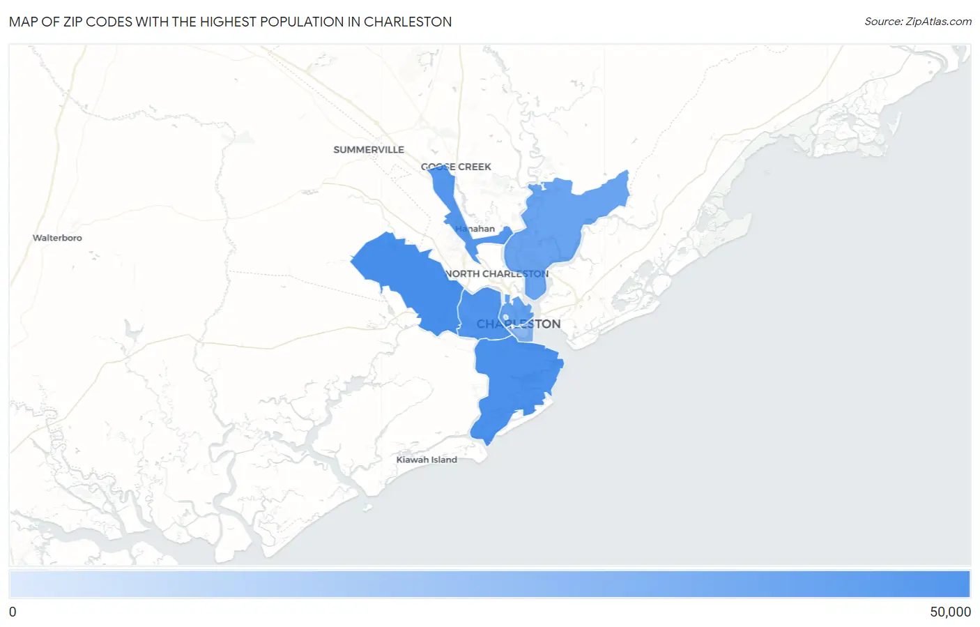 Zip Codes with the Highest Population in Charleston Map