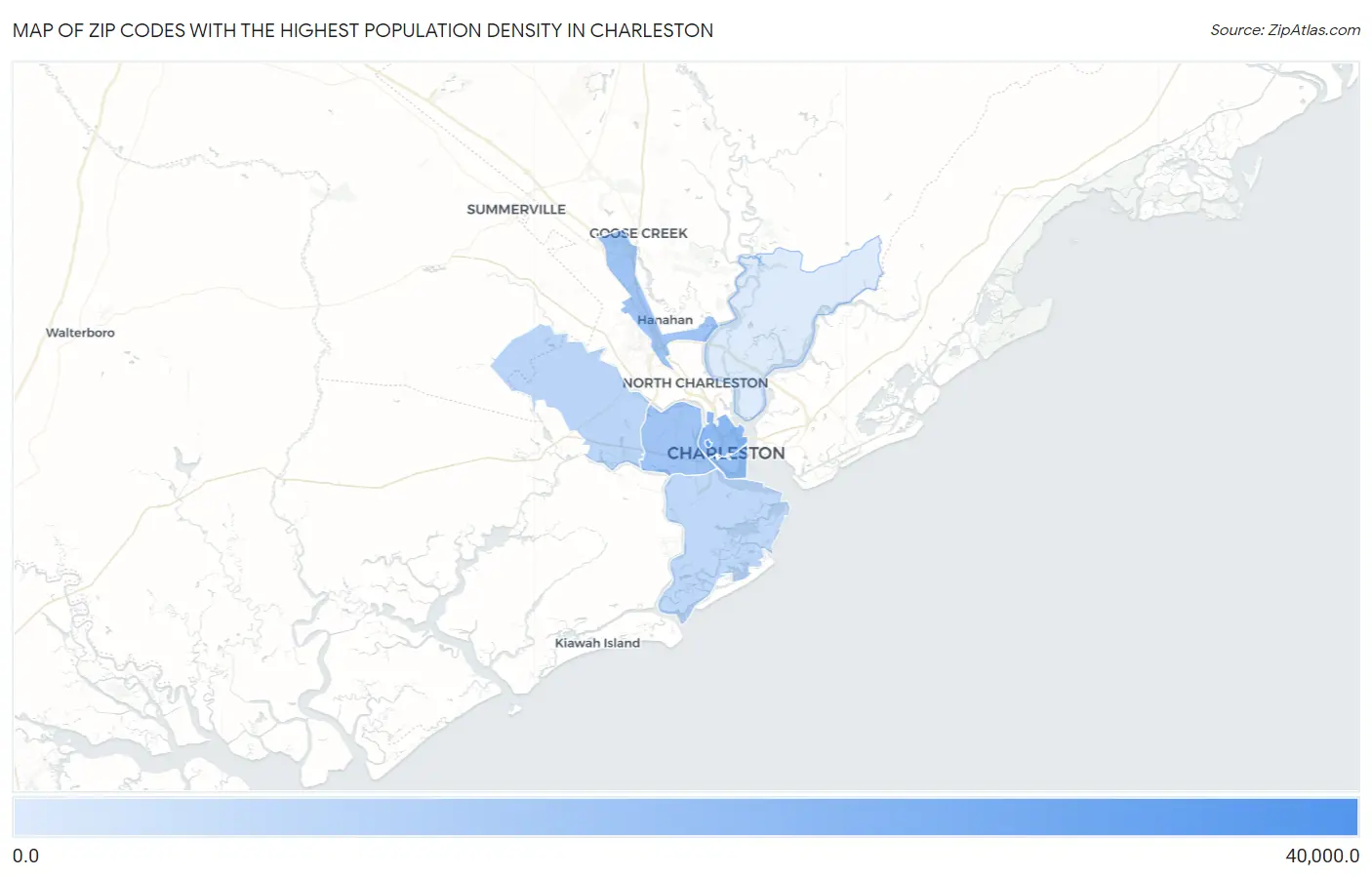 Zip Codes with the Highest Population Density in Charleston Map