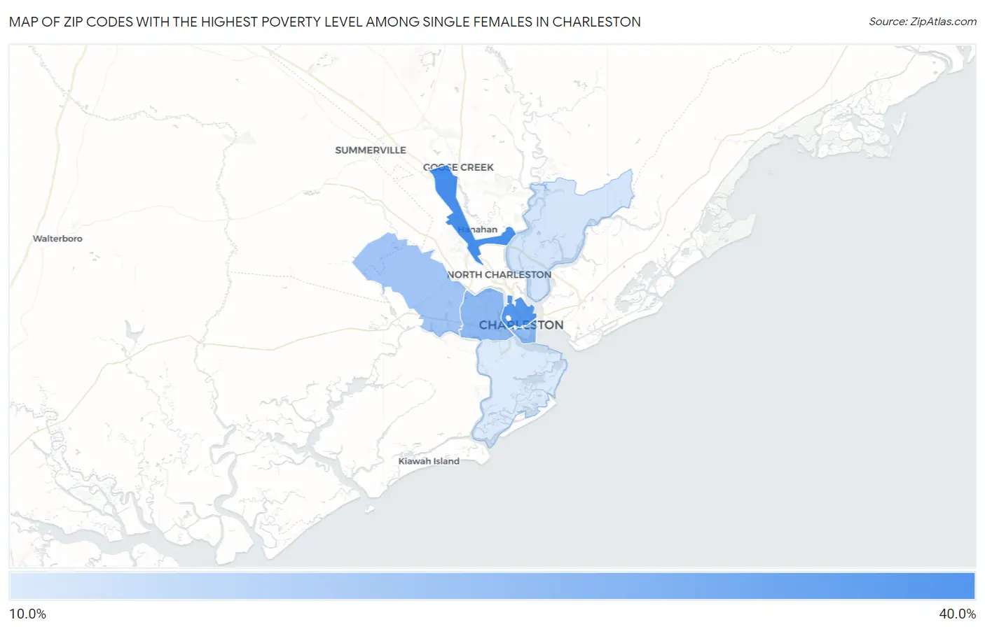 Zip Codes with the Highest Poverty Level Among Single Females in Charleston Map