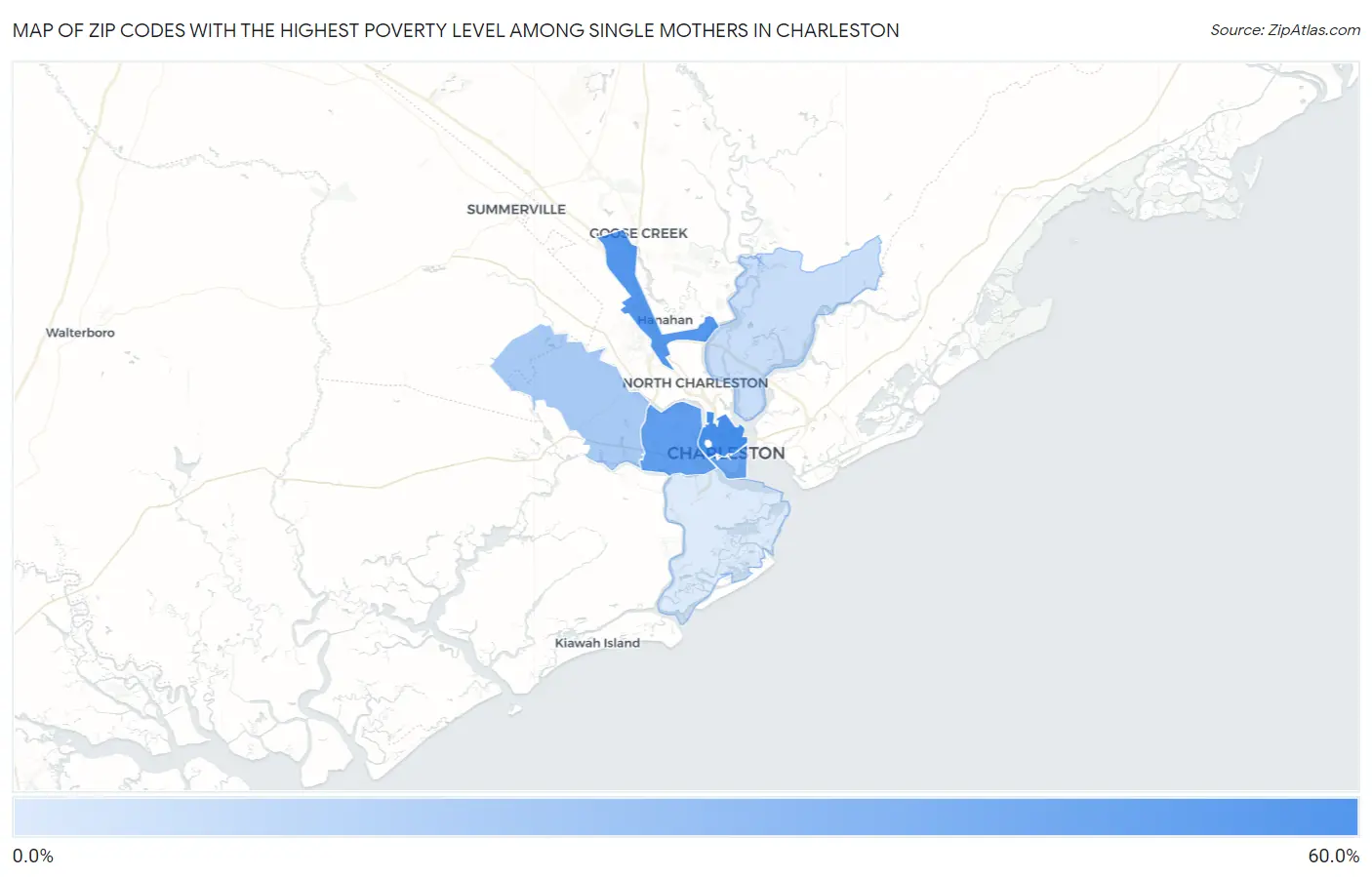 Zip Codes with the Highest Poverty Level Among Single Mothers in Charleston Map