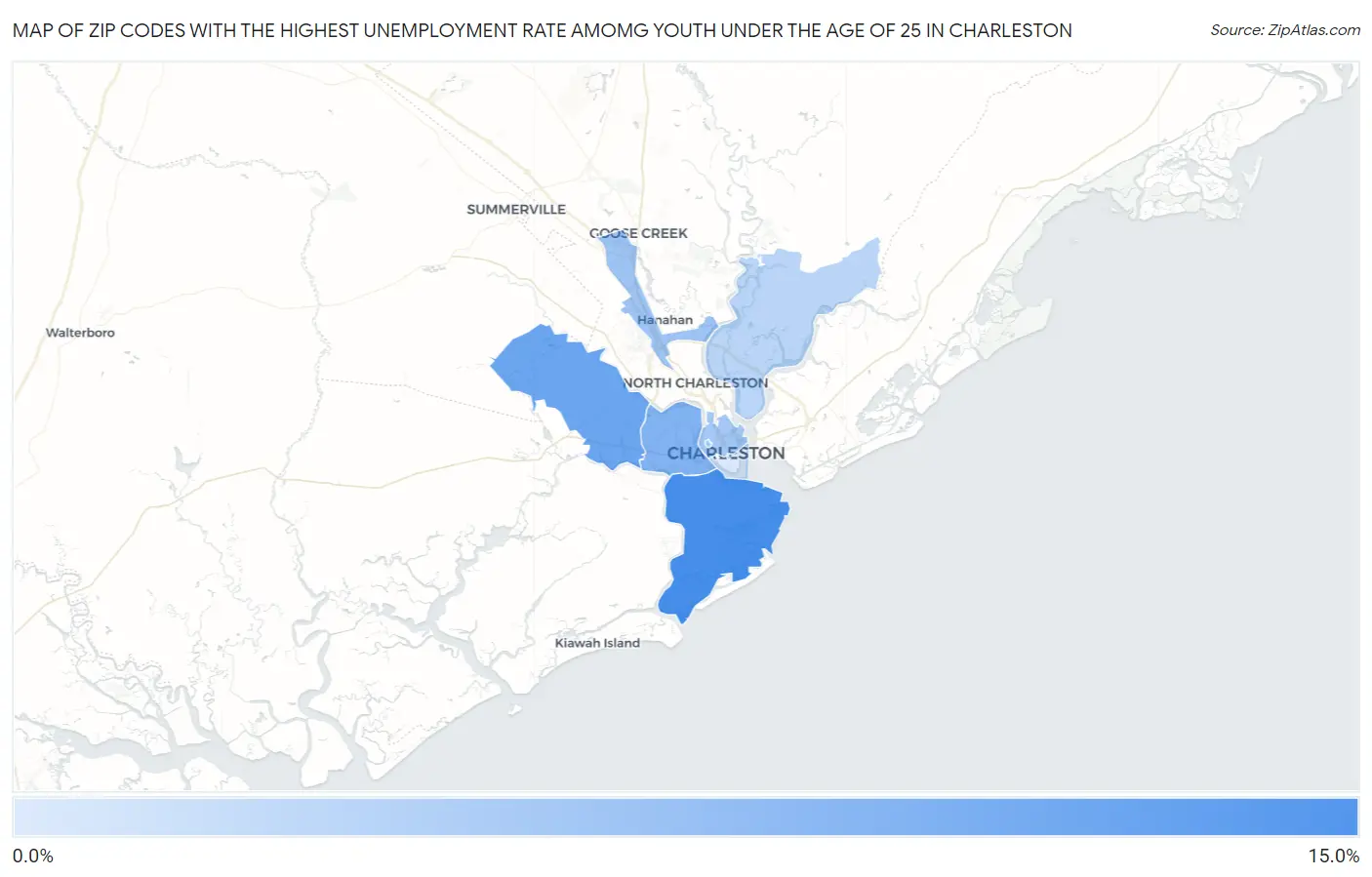 Zip Codes with the Highest Unemployment Rate Amomg Youth Under the Age of 25 in Charleston Map