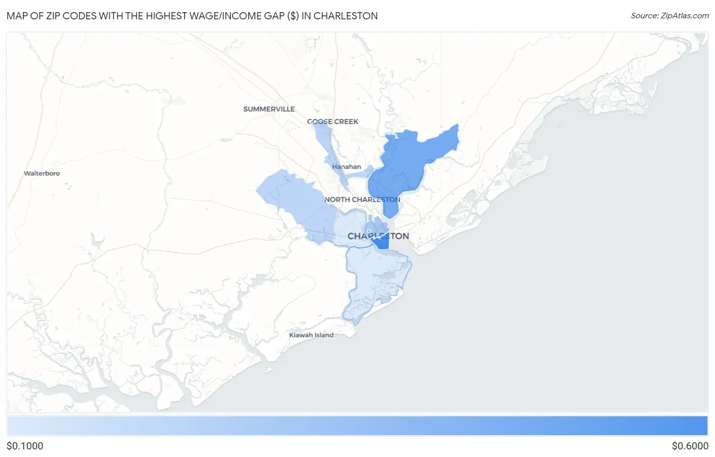 Zip Codes with the Highest Wage/Income Gap ($) in Charleston Map