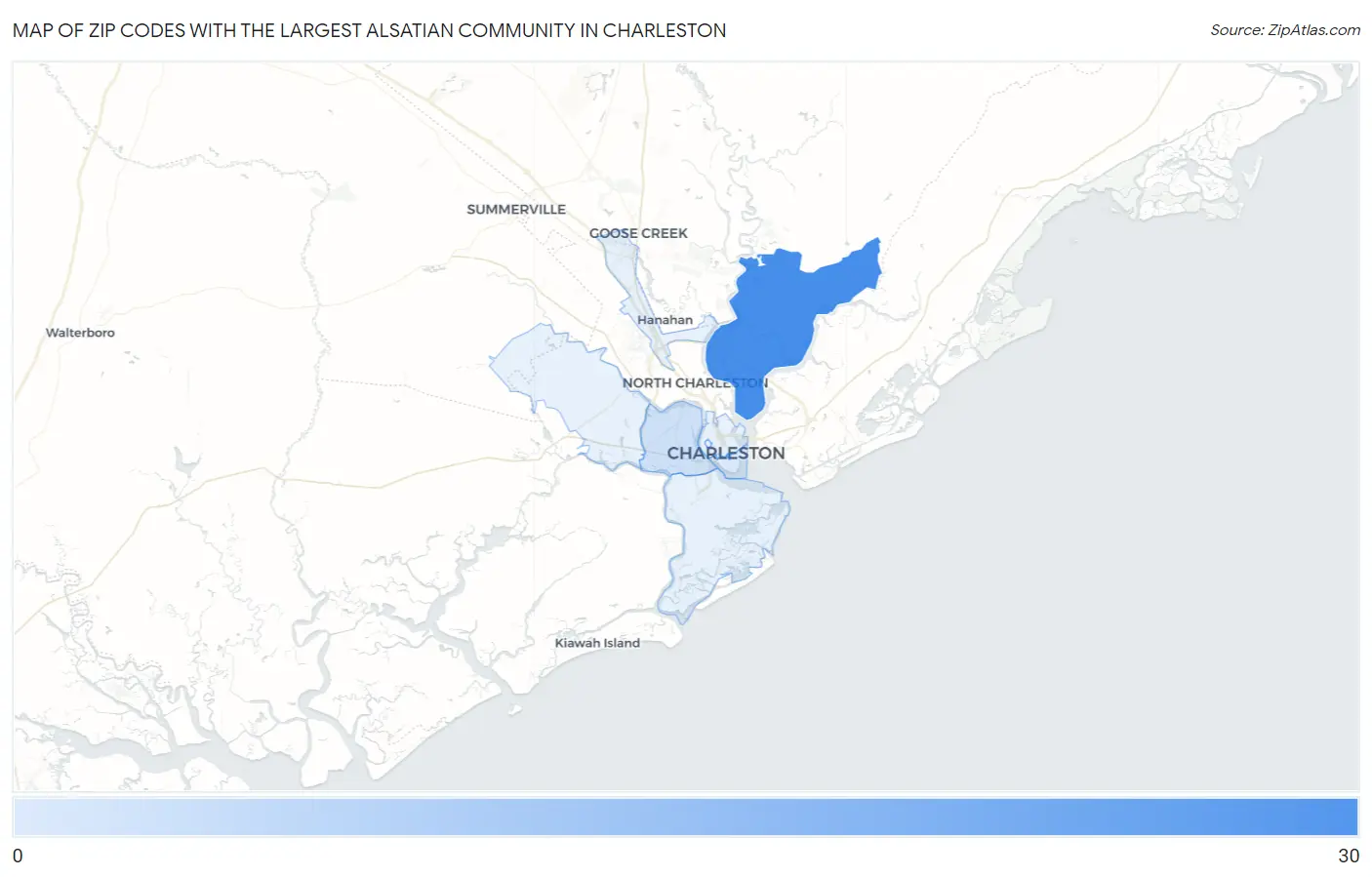 Zip Codes with the Largest Alsatian Community in Charleston Map