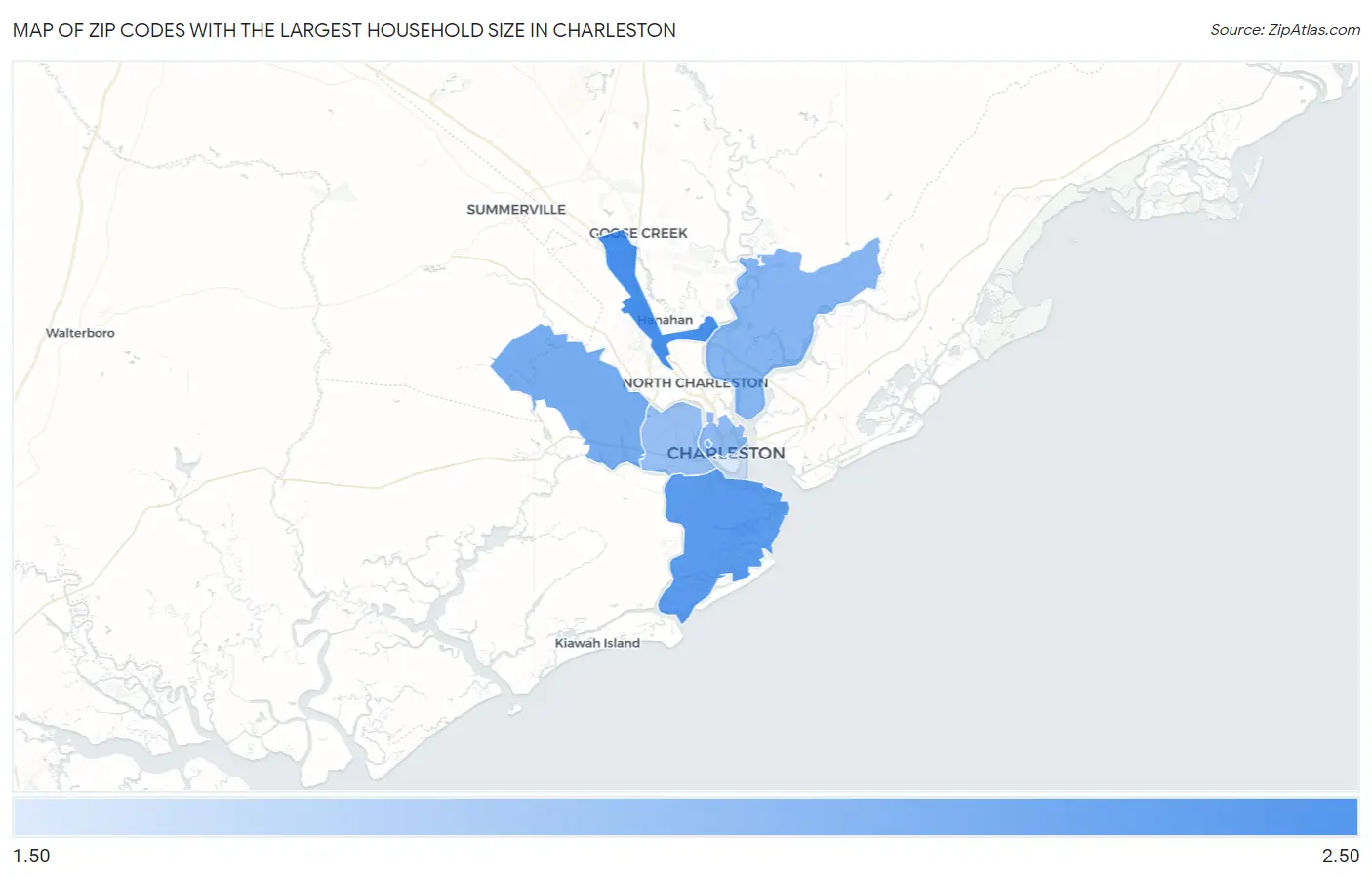 Zip Codes with the Largest Household Size in Charleston Map