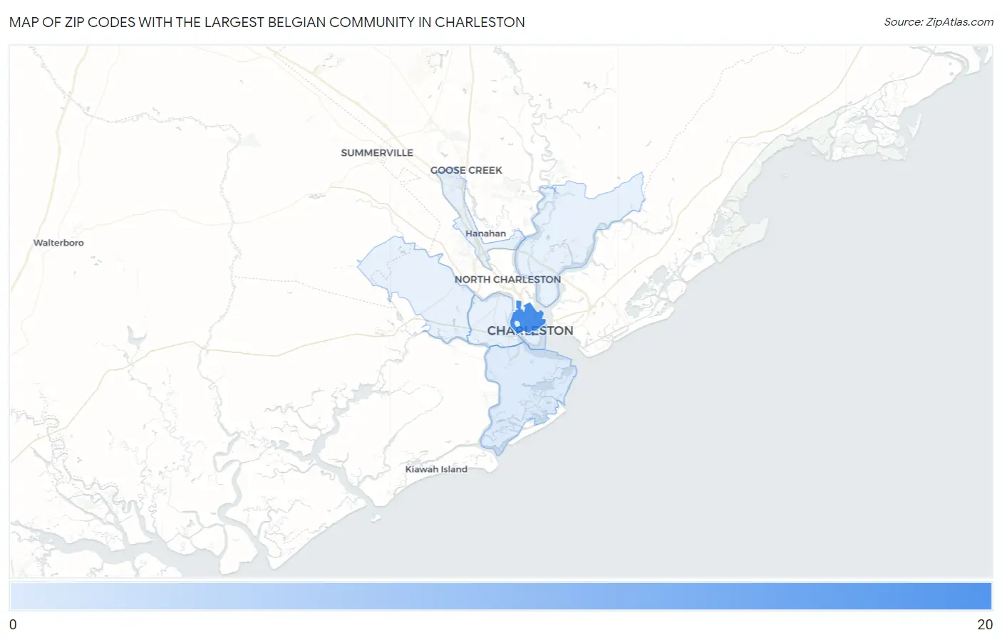 Zip Codes with the Largest Belgian Community in Charleston Map