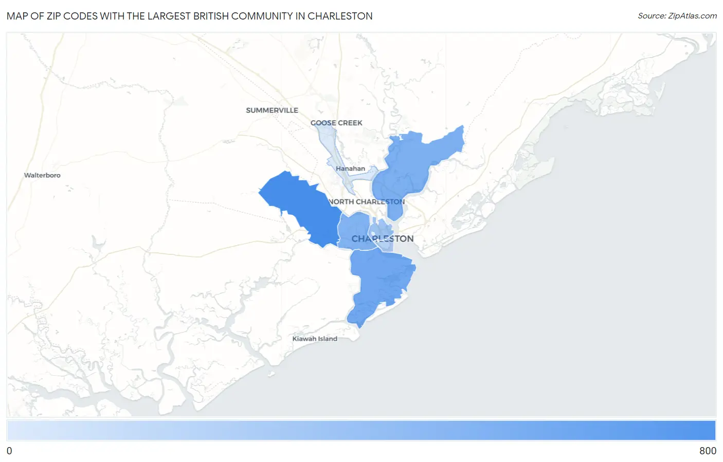 Zip Codes with the Largest British Community in Charleston Map