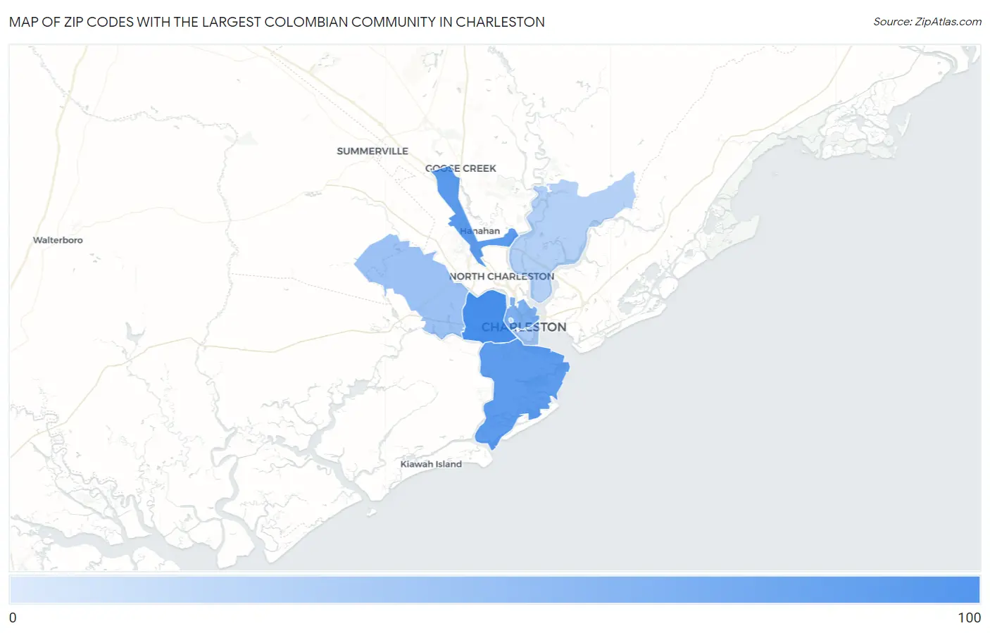 Zip Codes with the Largest Colombian Community in Charleston Map