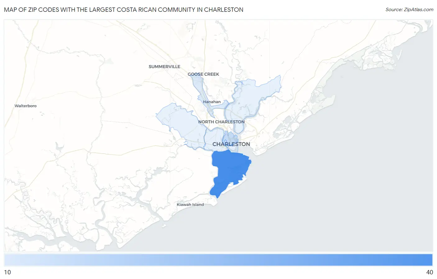 Zip Codes with the Largest Costa Rican Community in Charleston Map