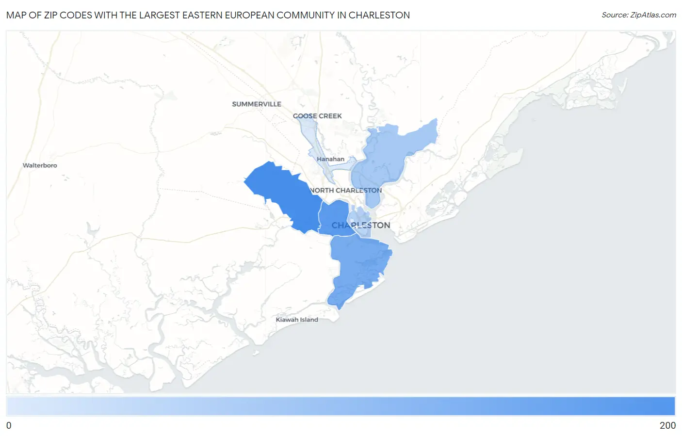 Zip Codes with the Largest Eastern European Community in Charleston Map
