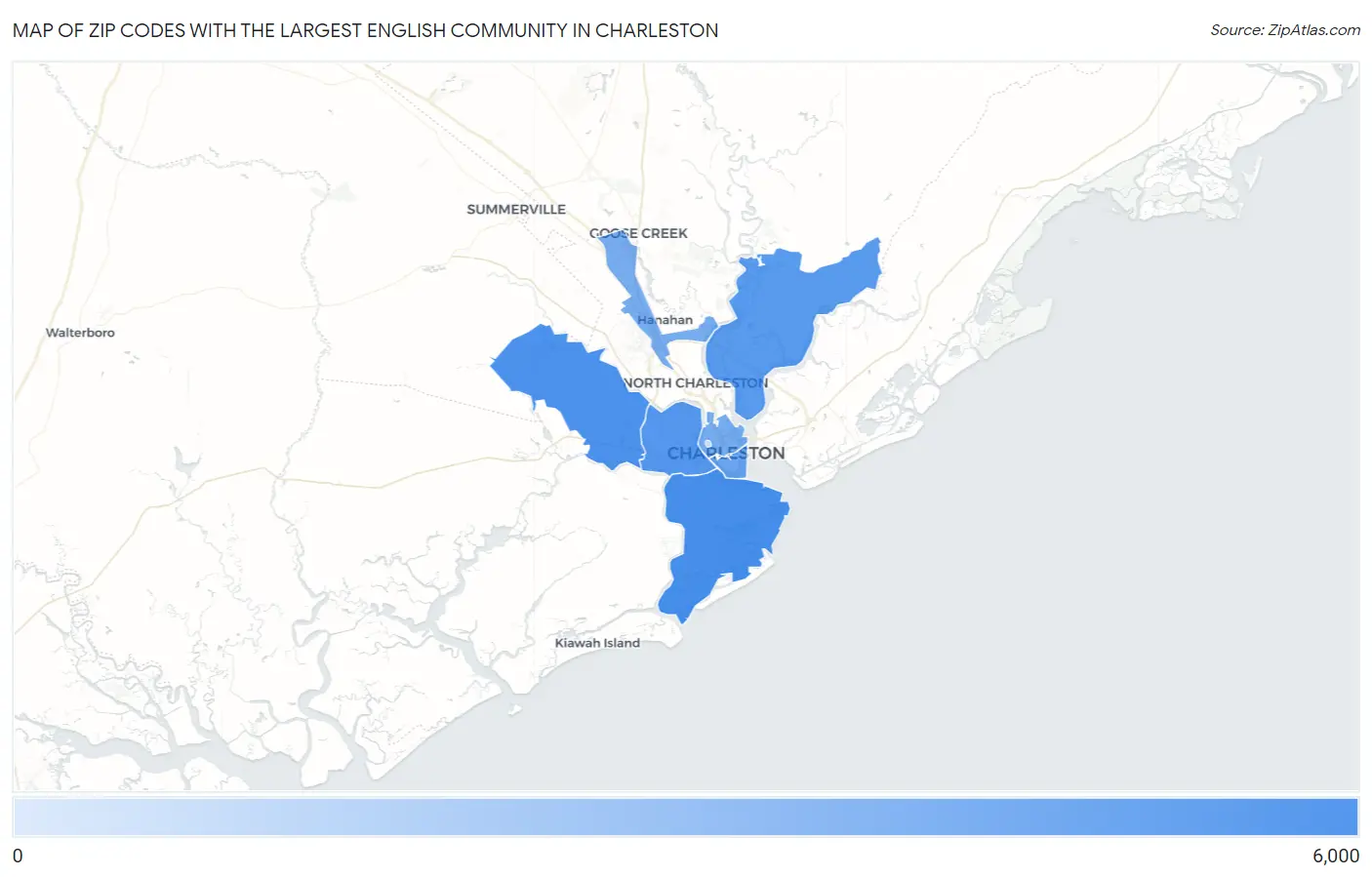 Zip Codes with the Largest English Community in Charleston Map