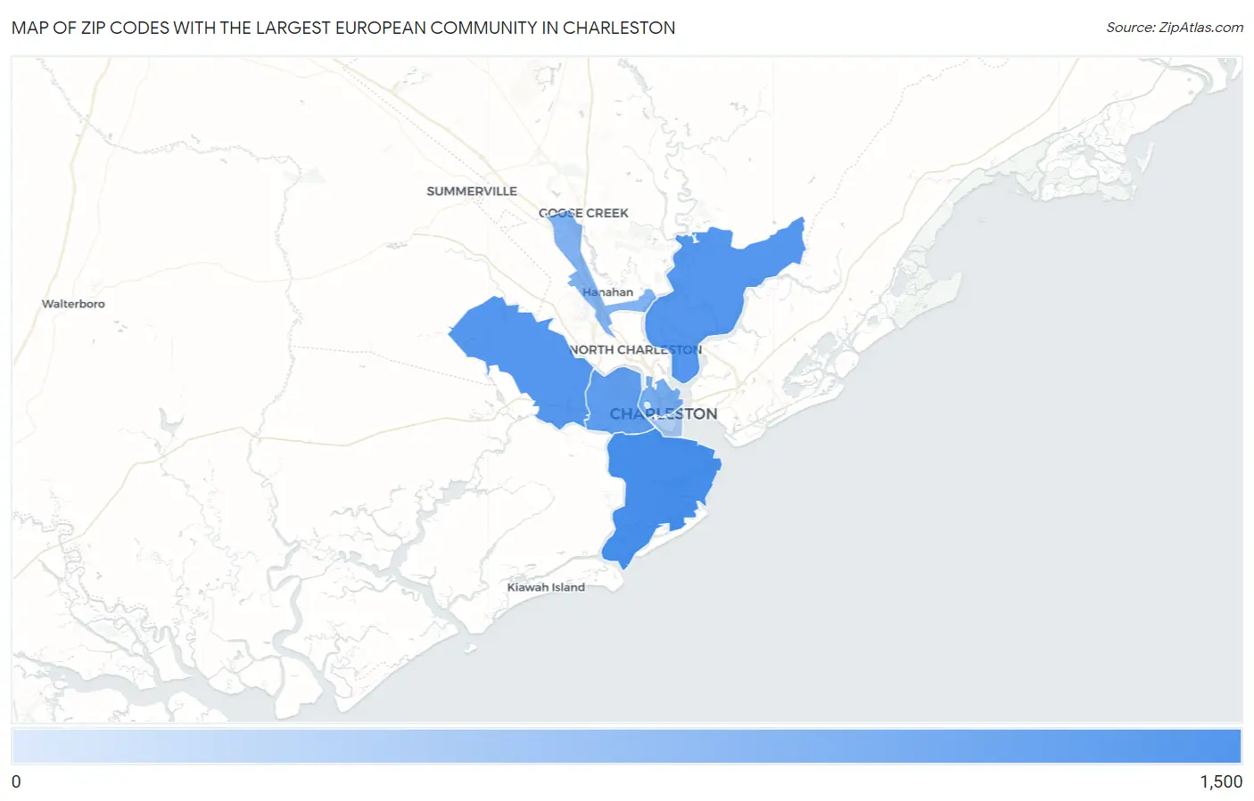 Zip Codes with the Largest European Community in Charleston Map