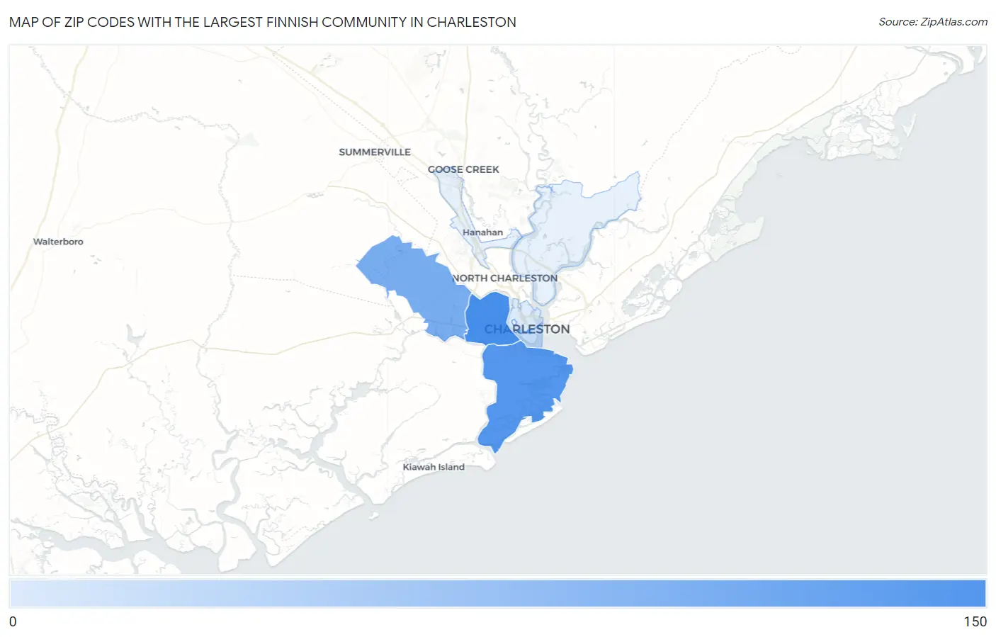 Zip Codes with the Largest Finnish Community in Charleston Map