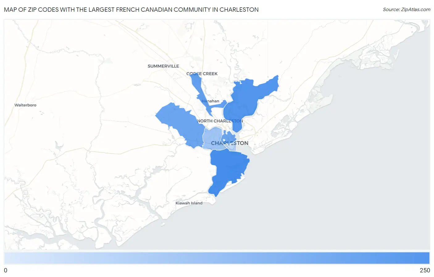 Zip Codes with the Largest French Canadian Community in Charleston Map