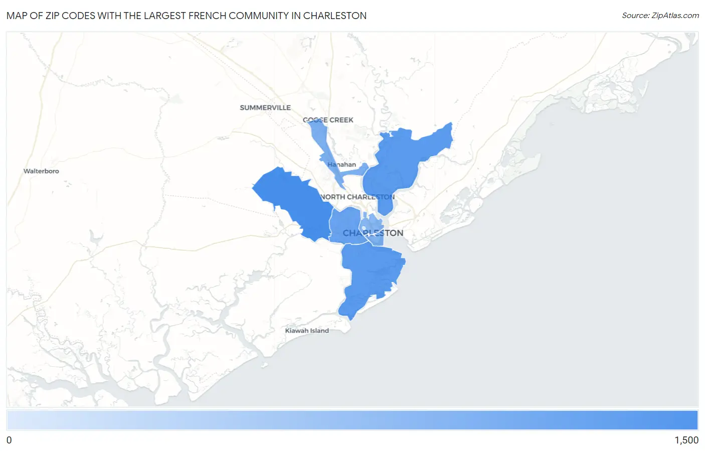 Zip Codes with the Largest French Community in Charleston Map