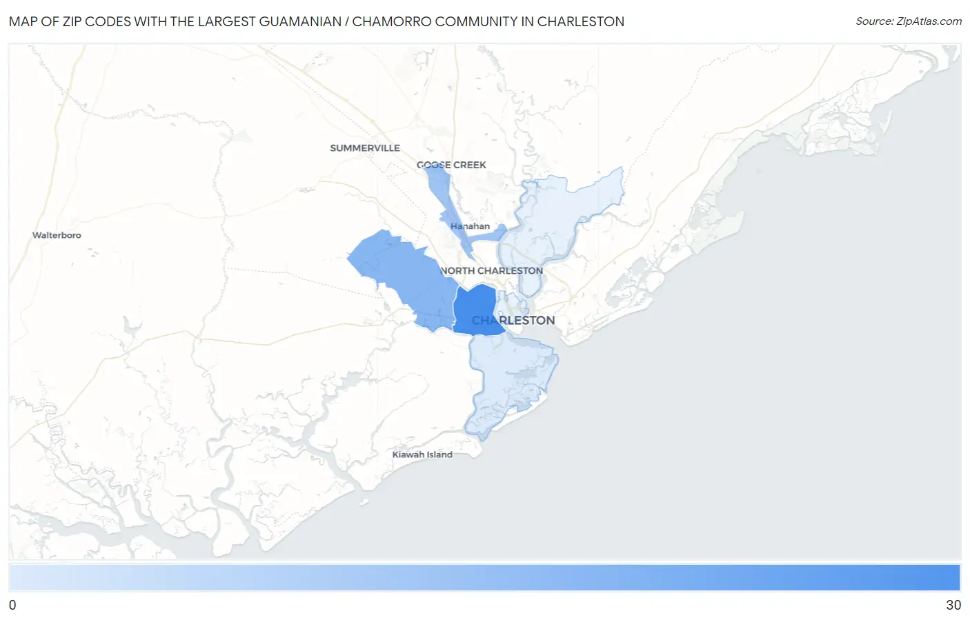 Zip Codes with the Largest Guamanian / Chamorro Community in Charleston Map