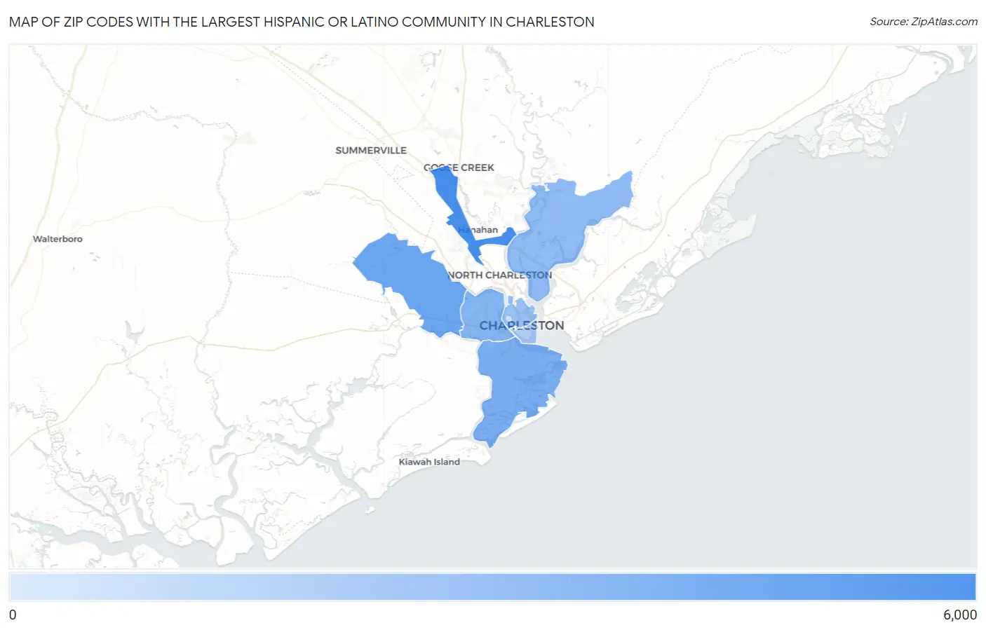 Zip Codes with the Largest Hispanic or Latino Community in Charleston Map