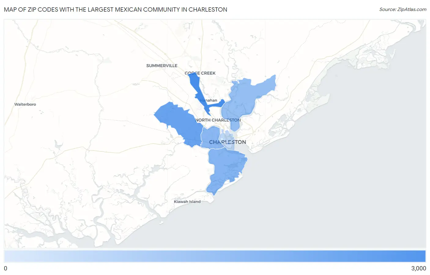 Zip Codes with the Largest Mexican Community in Charleston Map