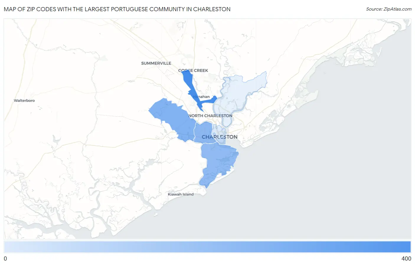 Zip Codes with the Largest Portuguese Community in Charleston Map
