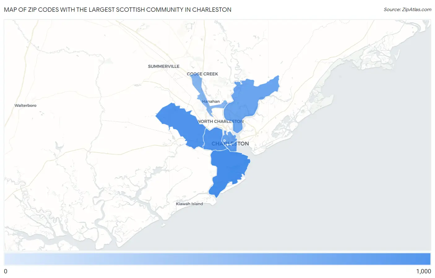 Zip Codes with the Largest Scottish Community in Charleston Map