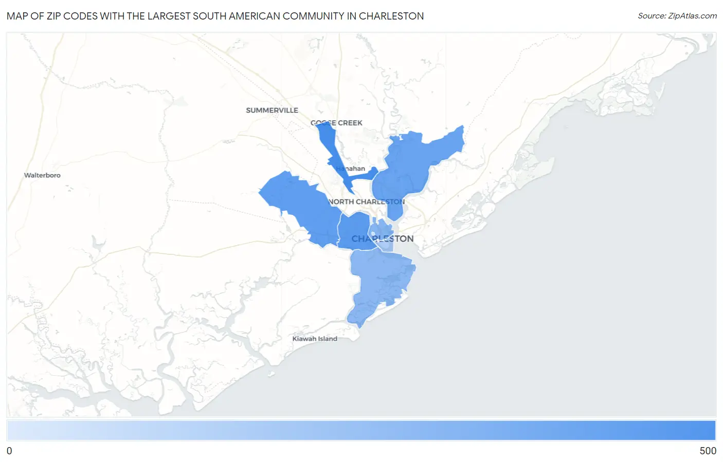Zip Codes with the Largest South American Community in Charleston Map