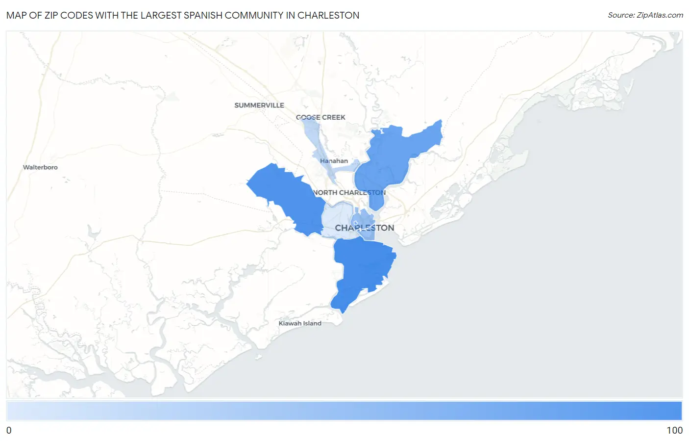 Zip Codes with the Largest Spanish Community in Charleston Map