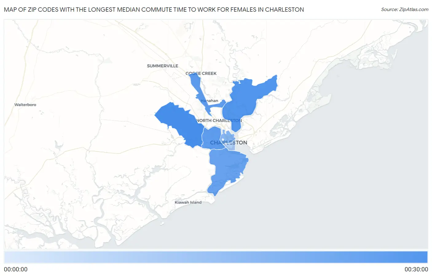 Zip Codes with the Longest Median Commute Time to Work for Females in Charleston Map