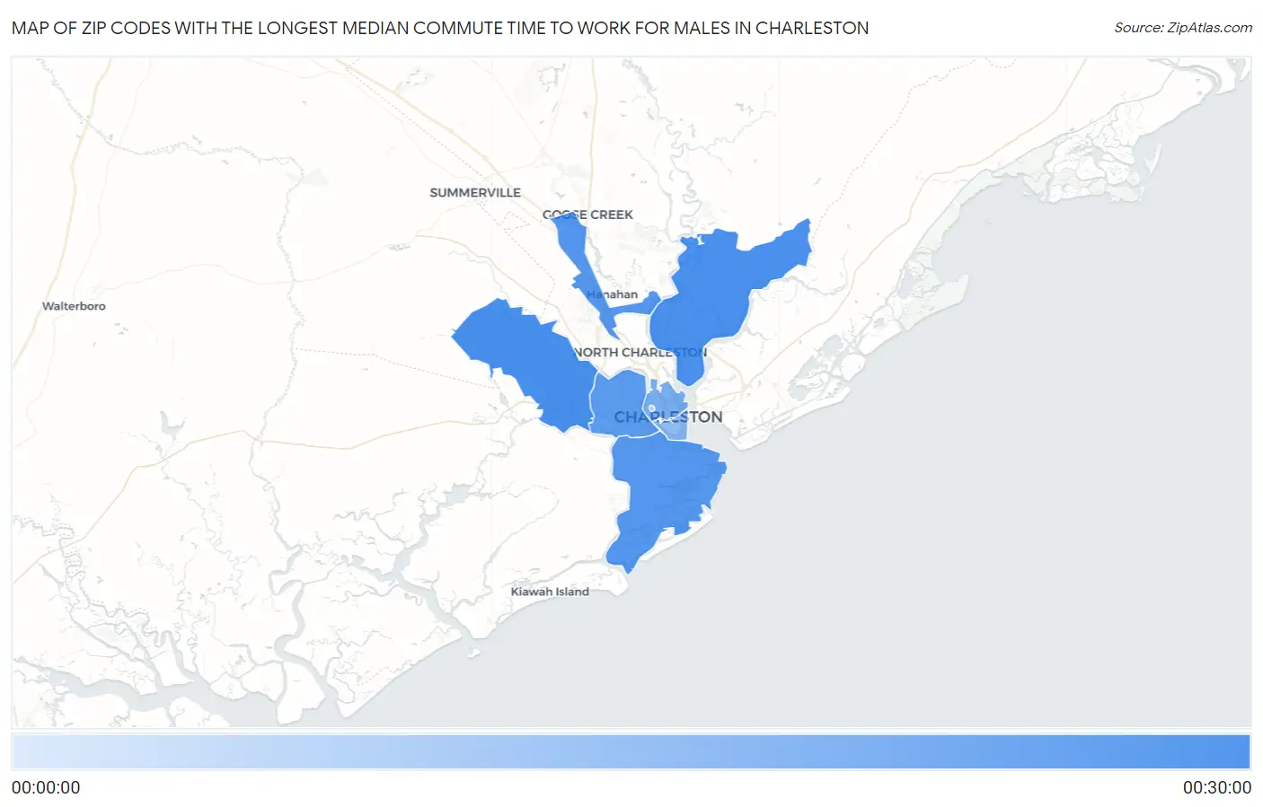 Zip Codes with the Longest Median Commute Time to Work for Males in Charleston Map