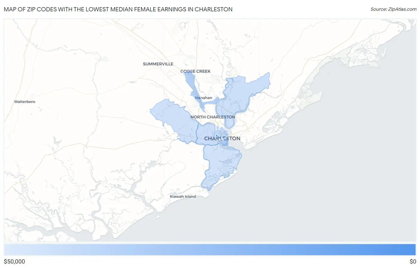 Zip Codes with the Lowest Median Female Earnings in Charleston Map