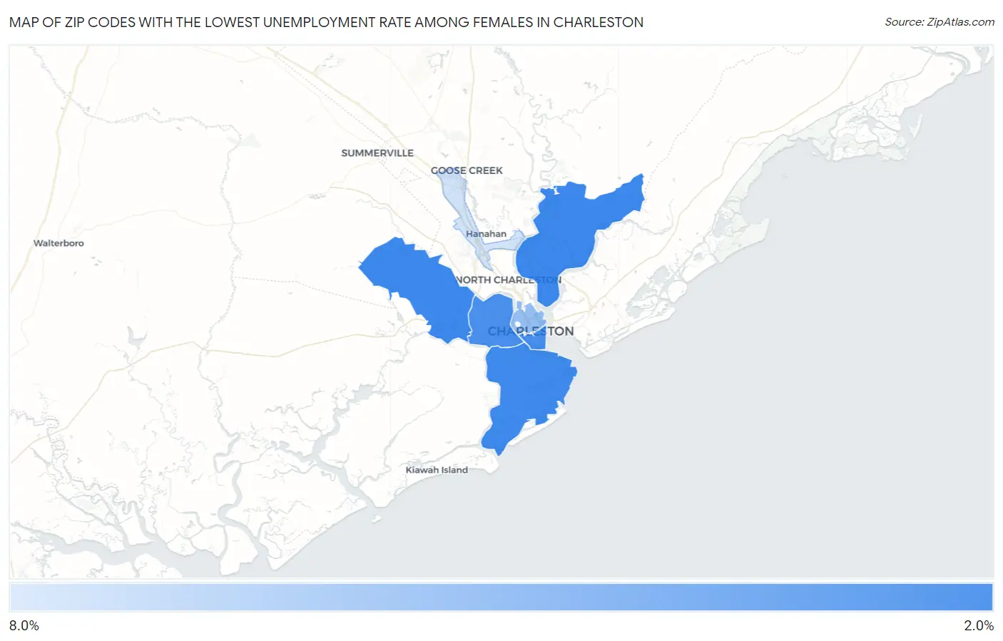 Zip Codes with the Lowest Unemployment Rate Among Females in Charleston Map