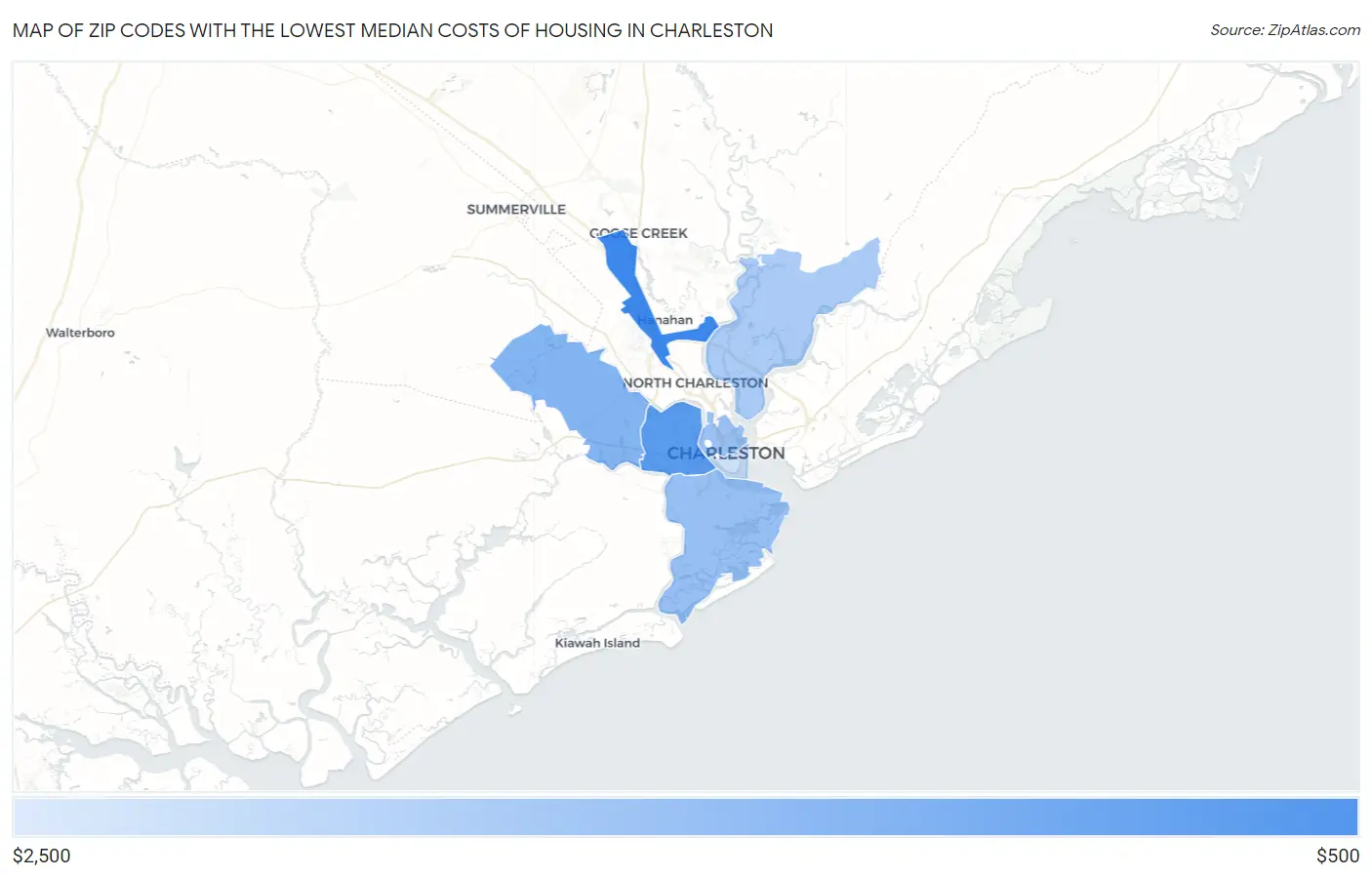 Zip Codes with the Lowest Median Costs of Housing in Charleston Map