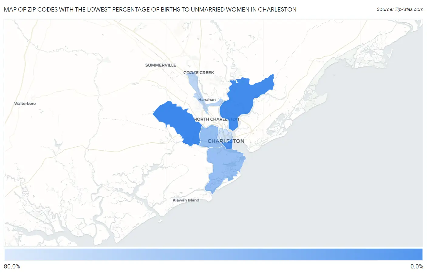 Zip Codes with the Lowest Percentage of Births to Unmarried Women in Charleston Map