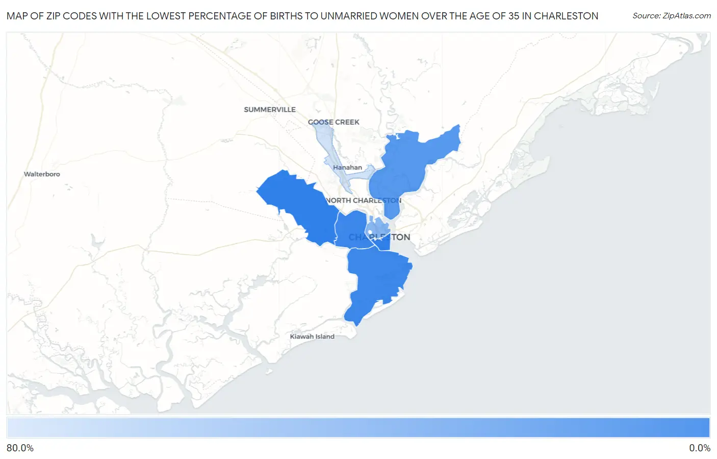 Zip Codes with the Lowest Percentage of Births to Unmarried Women over the Age of 35 in Charleston Map