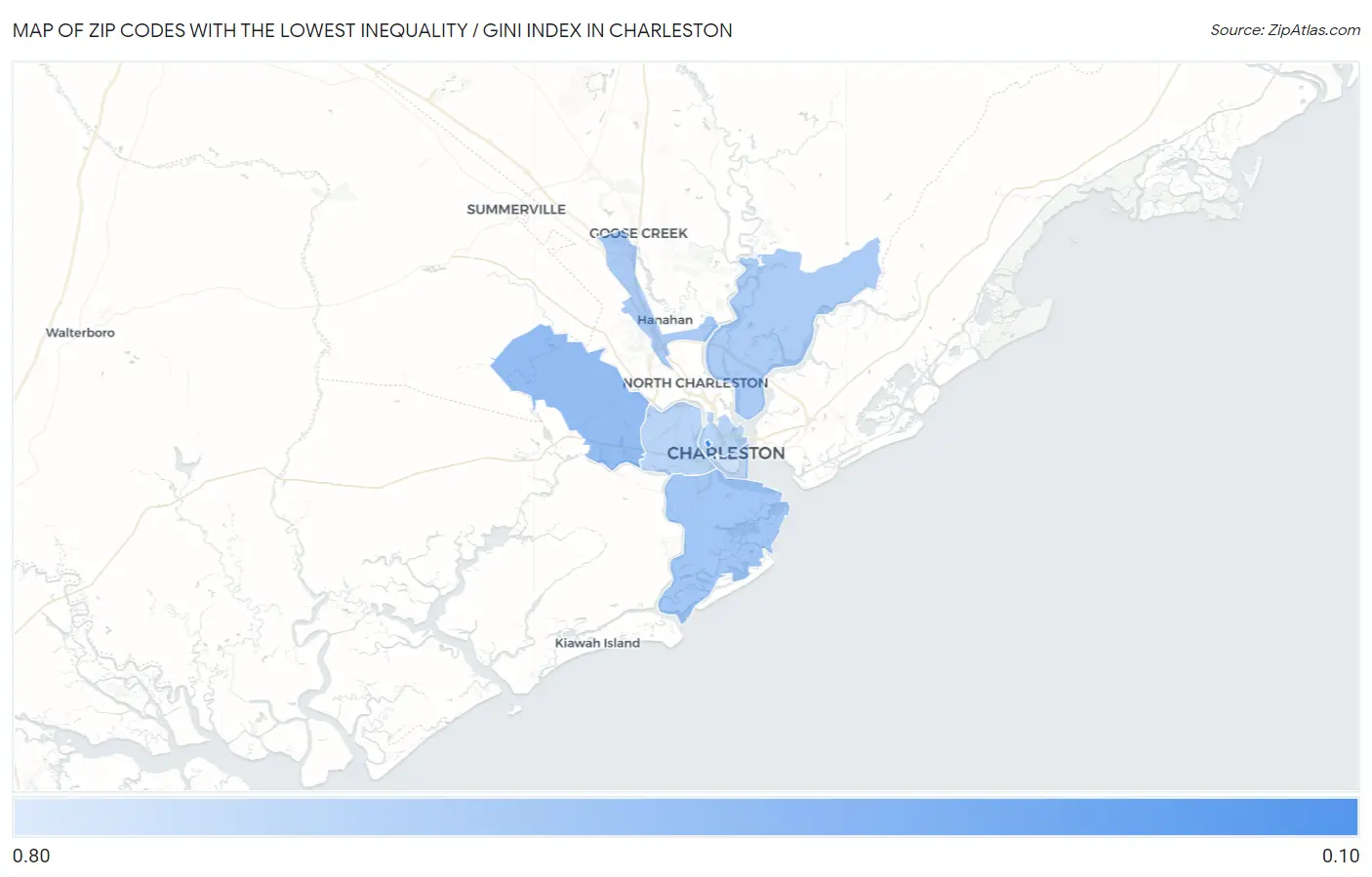 Zip Codes with the Lowest Inequality / Gini Index in Charleston Map
