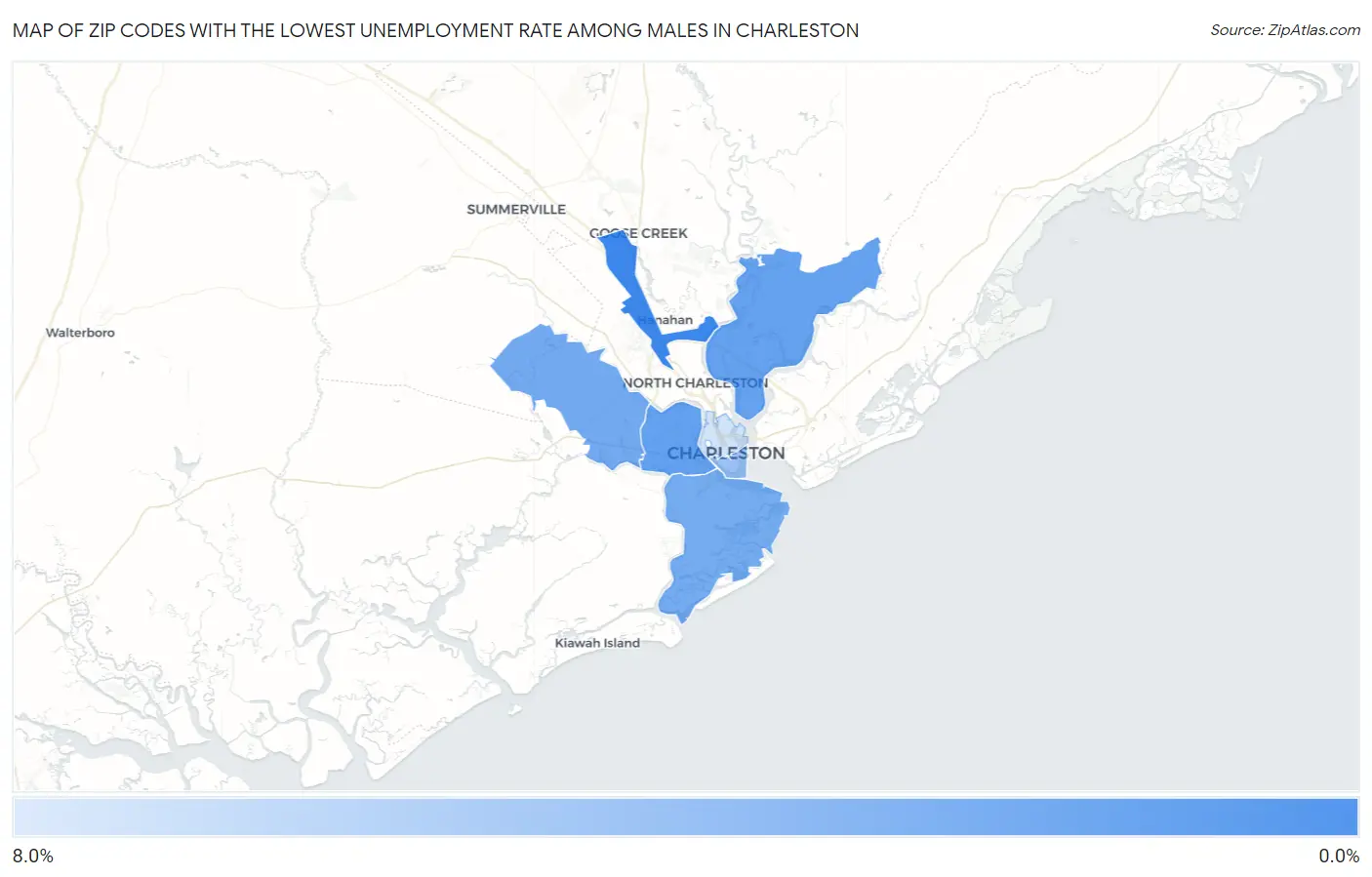 Zip Codes with the Lowest Unemployment Rate Among Males in Charleston Map