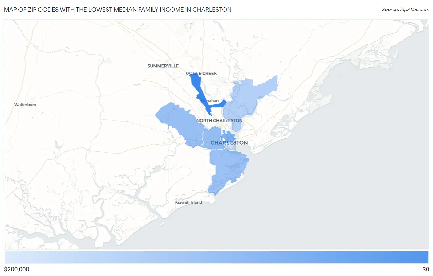 Zip Codes with the Lowest Median Family Income in Charleston Map